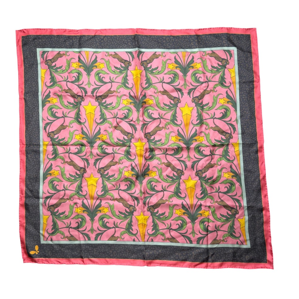 Henelle Silk Square Scarf Bandana Pink Leopard Floral Maximalist Neckerchief